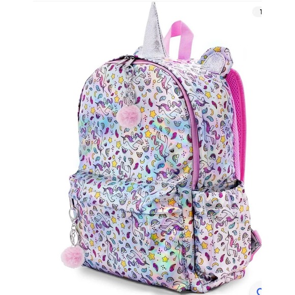 Ombu Girl's Unicorn Rainbow Stars Backpack Iridescent Fabric - Picture 1 of 8